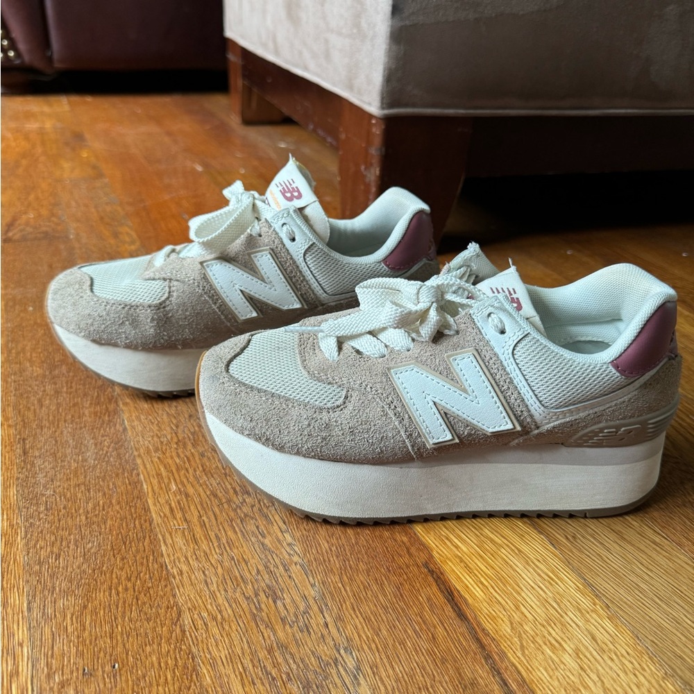 Women’s New Balance 574 Driftwood platforms